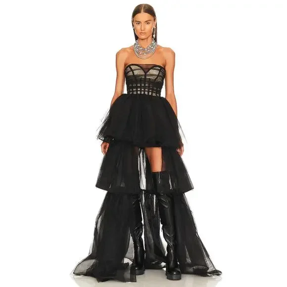 NBD Paula Corset Gown Strapless Tulle Hi-Low Tiered Ruffle Skirt Black Size XS